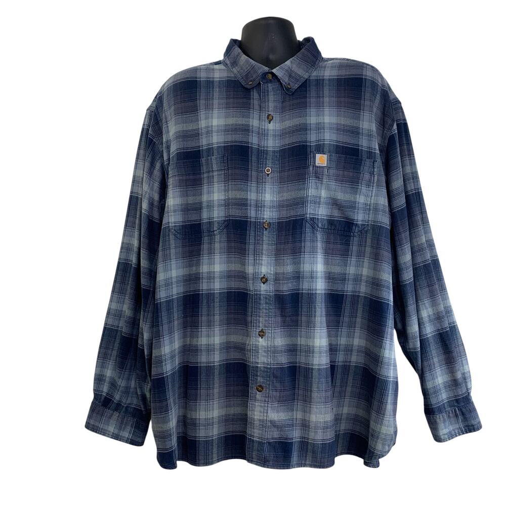 Carhartt Mens Flannel Plaid Shirt Size 3XL Regular Relaxed Fit Blue Long Sleeve